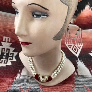 1980s Pearl Necklace w Enamel Rhinestone Pendant